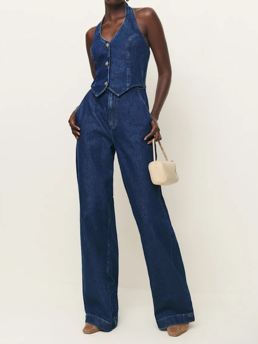 Reformation Denim Halter High-Waist Wide-Leg Jumpsuit